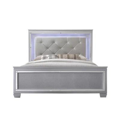 1Pc Modern Queen LED Faux Leather Upholstered Panel Bed With Beveled Mirror Accents And Textured Footboard For A Stylish Bedroom Upgrade | Wayfair North America
