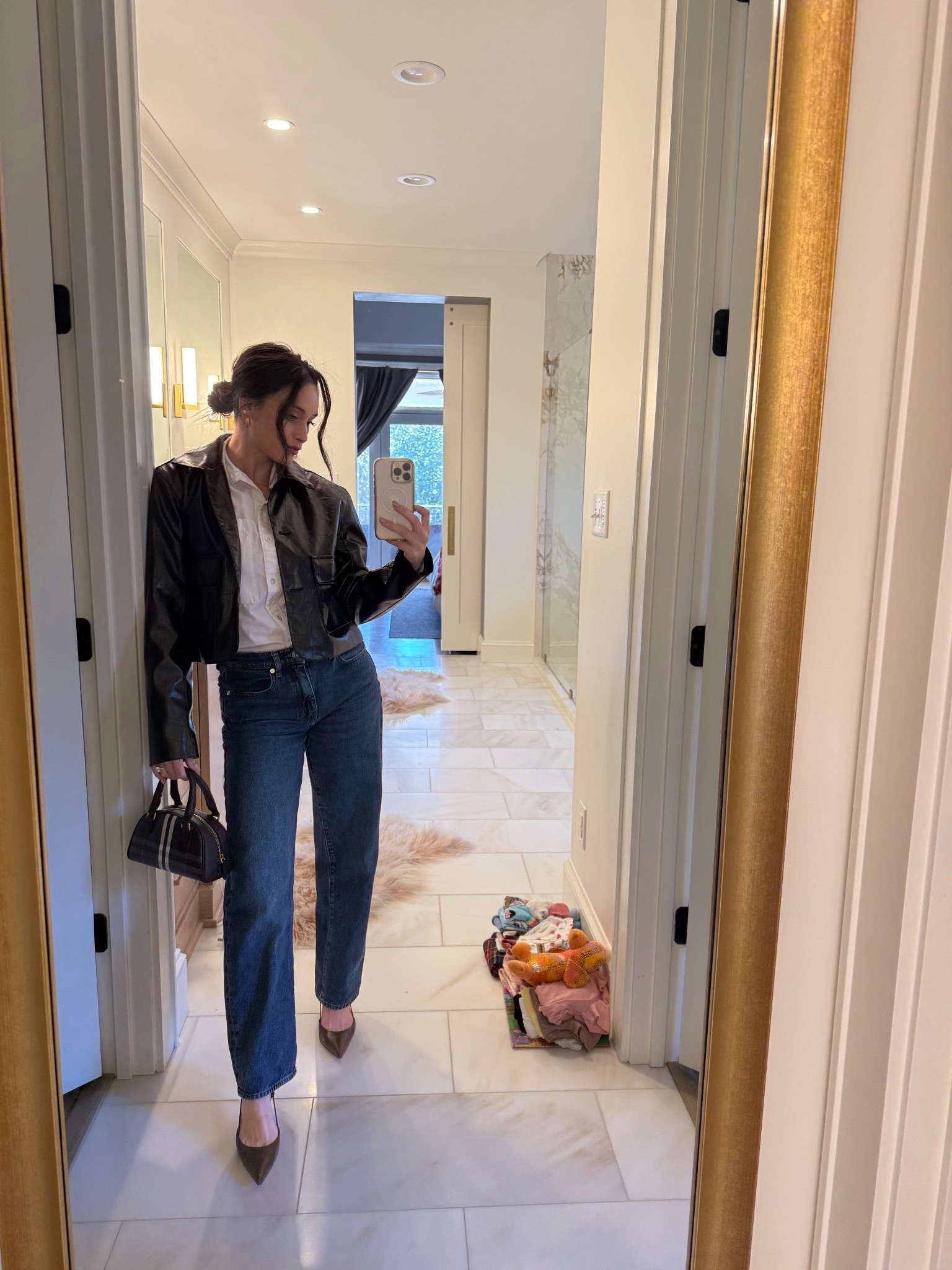 OOTD 🤎 barrel jeans, white button up, faux leather jacket 

#LTKmomlife #LTKWorkwear #LTKootd