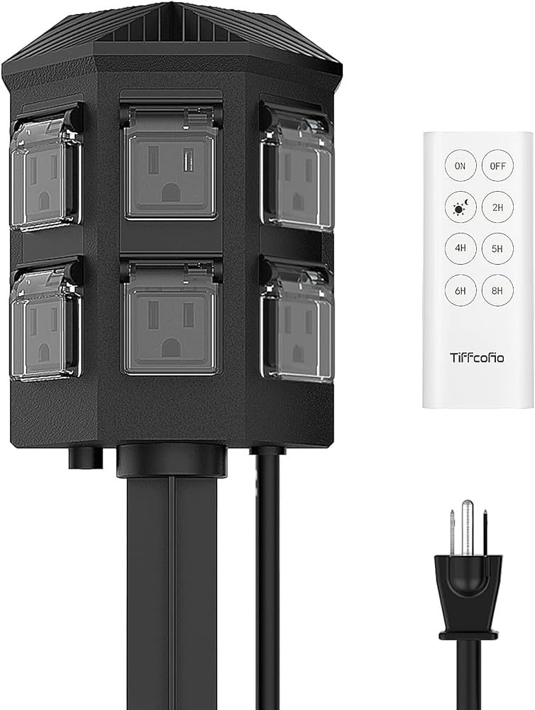 TiFFCOFiO Outdoor Power Stake Timer, 100FT Range Remote Control, Dusk to Dawn Sensor Timer Waterproo | Amazon (US)