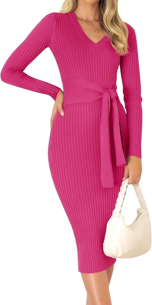 ZESICA Women's 2024 Fall Sweater Dress V Neck Long Sleeve Ribbed Knit Tie Waist Slim Fit Bodycon ... | Amazon (US)