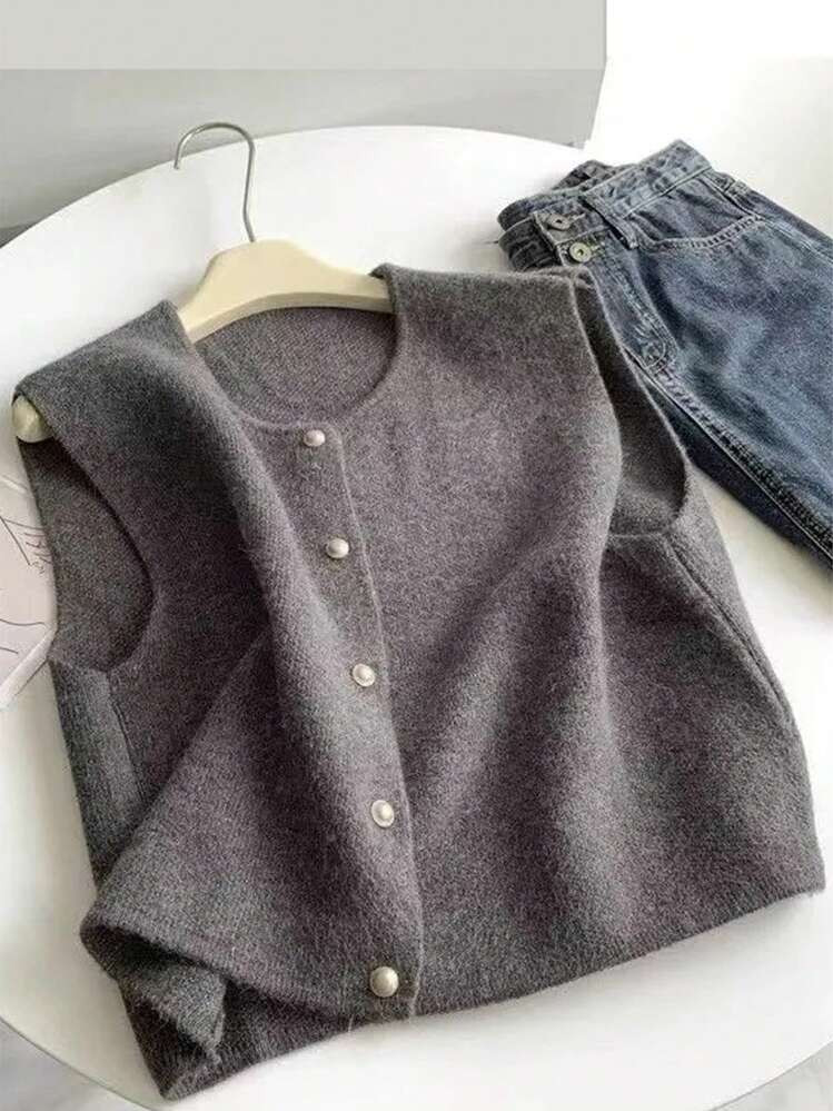 INAWLY 1 Pieza Chaleco De Punto Casual Sin Mangas De Mujer Con Cuello Redondo Y Botón Delantero De Un Solo Color | SHEIN
