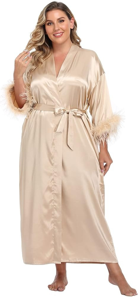 MissNina Women's Satin Kimono Robe with Ostrich Feather Trim Silk Robes Bridesmaid Robes Bridal P... | Amazon (US)