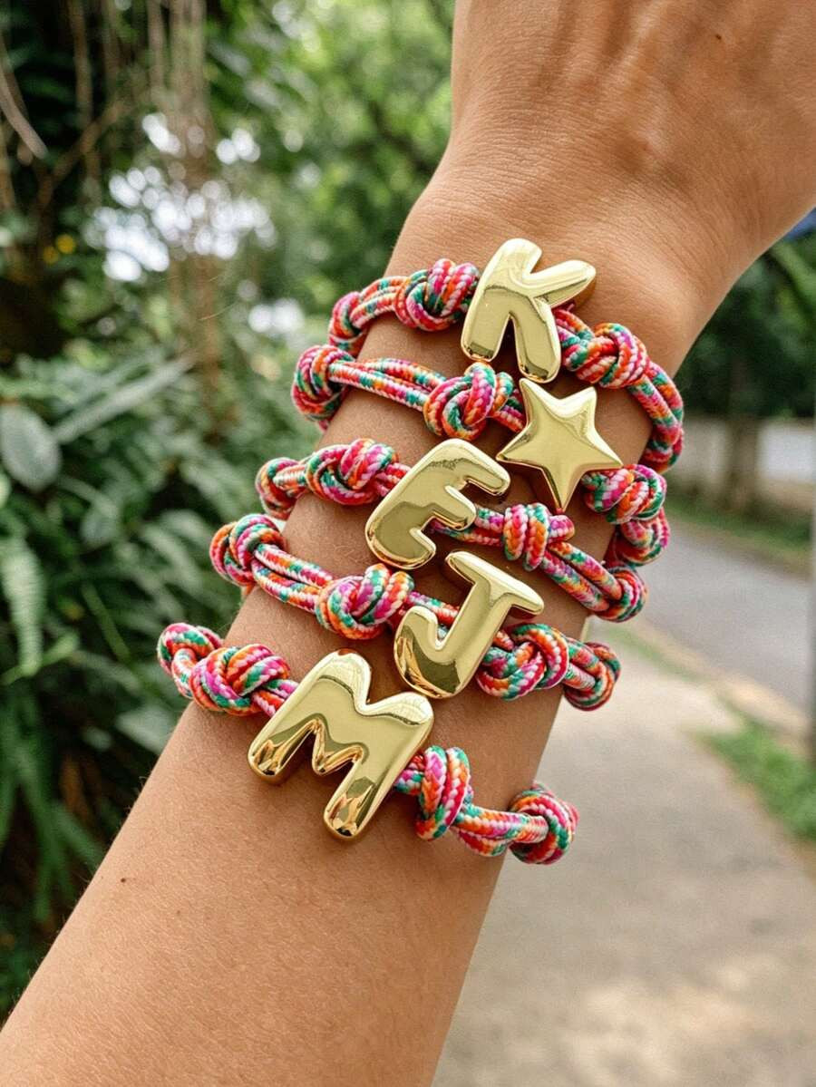 1pc Bohemian Colorful Braided Knot Bracelet With Copper Letters, Heart & Star Charms. Y2K Style W... | SHEIN