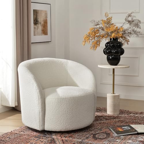 KINWELL 34" W Mid Century Modern Swivel Barrel Chair, Round Upholstered Boucle Swivel Accent Chairs, No Assembly Sofa Chair for Living Room Bedroom Reading Apartment Lounge Nursery(Cream) | Amazon (US)