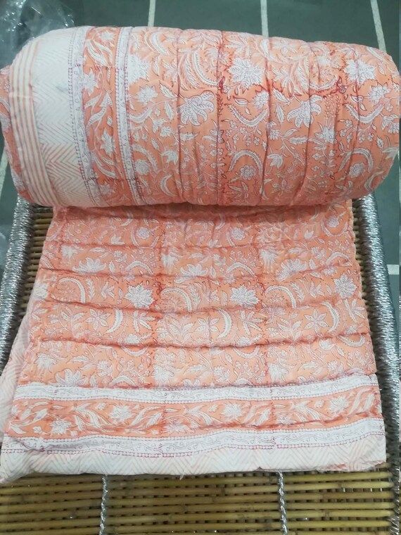 Indian Reversible Quilt Soft Cotton Quilt Decor New Orange Floral Print Quilt  Bedding Quilt | Etsy (US)