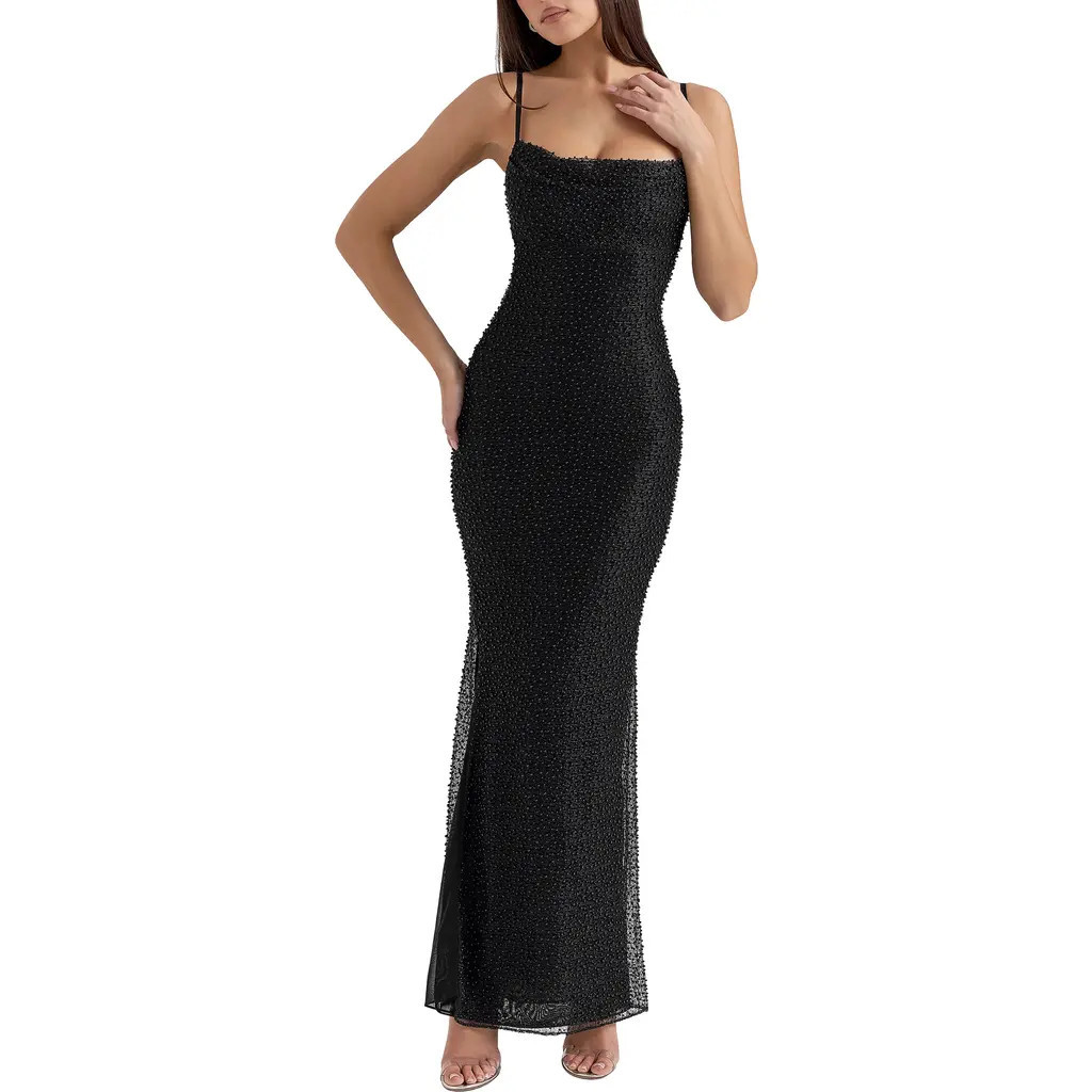 HOUSE OF CB Calla Beaded Mesh Overlay Gown in Black at Nordstrom, Size Large | Nordstrom