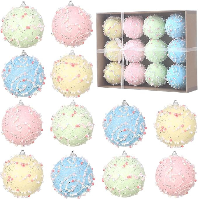 Christmas Tree Ball Ornament Set 12 Pcs Pastel Pink Yellow Blue Green Shatterproof Glitter Foam C... | Amazon (US)