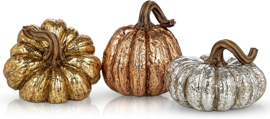 GnFlus Artificial Pumpkins Resin Gold Silver Pumpkins Figurine 3 Pack | Amazon (US)