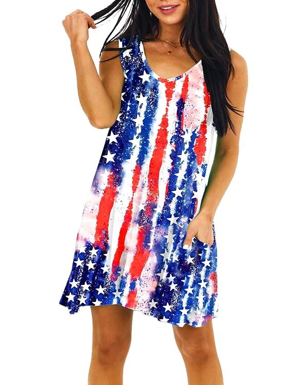 Deerose Women 4th of July Dress Sleeeveless Patriotic V Neck Dresses with Pockets | Amazon (US)