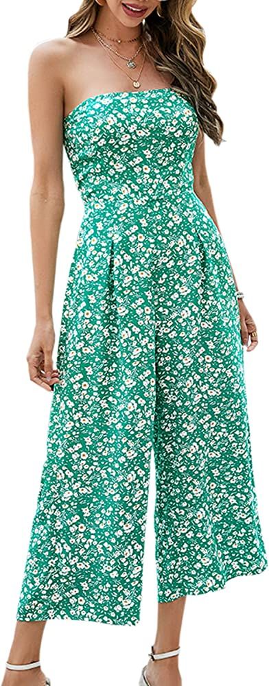 EOWISH Womens Floral Print Off Shoulder Romper Casual Strapless Wide Leg Pants Jumpsuit | Amazon (US)