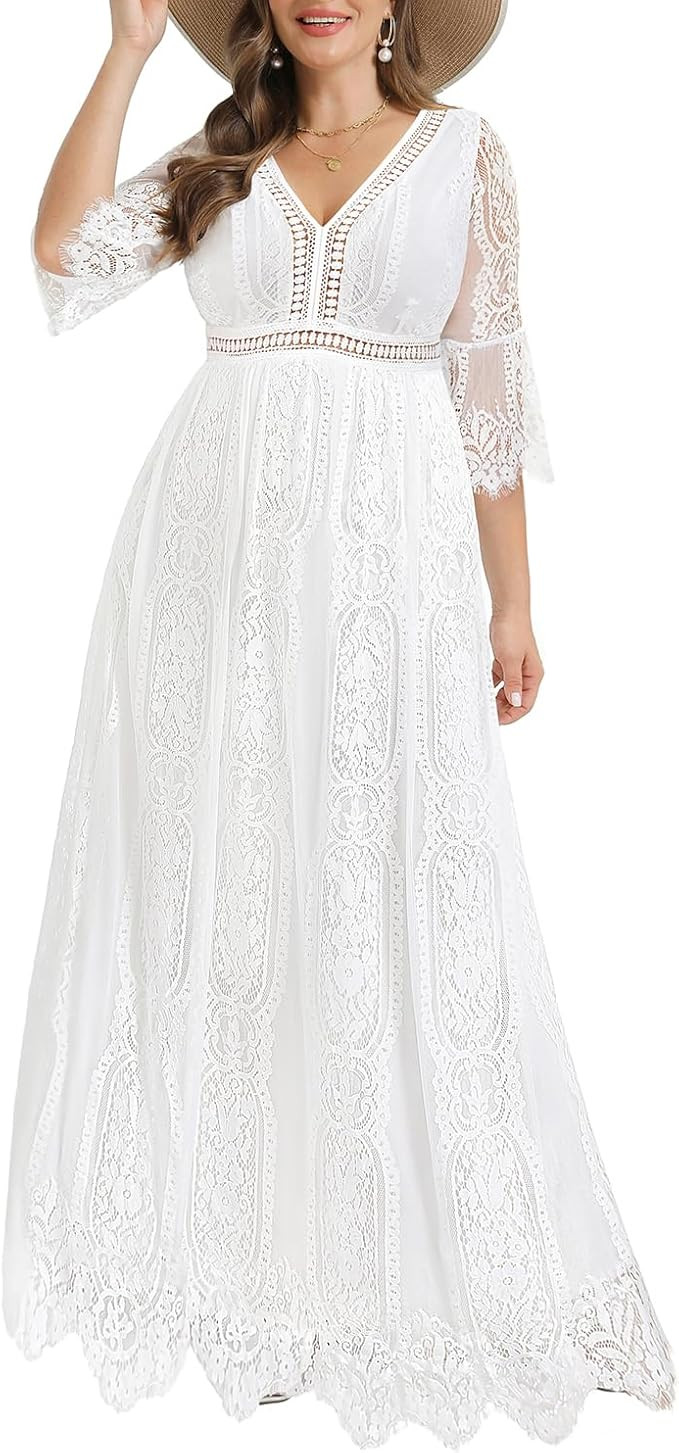 Plus Size Wedding Dress Boho - Maxi Bridal Shower Bohemian Formal Lace Long Dresses | Amazon (US)