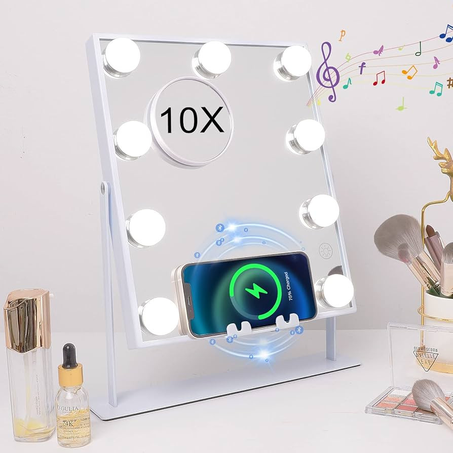 Hansong Lighted Vanity Mirror with Bluetooth and Wireless Charging Makeup Mirror with Lights 9 Di... | Amazon (US)