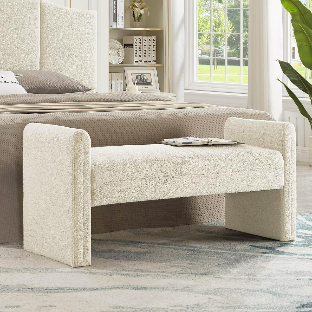 24KF Modern Boucle Teddy Lovely Bench, Upholstered Bed Bench Entryway Bench Ottoman with Armrest ... | Amazon (US)