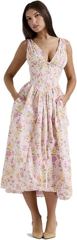 Womens Dress Sexy V Neck Sleeveless Boho Floral Flowy Beach Sundress with Pockets High Waisted Co... | Amazon (US)