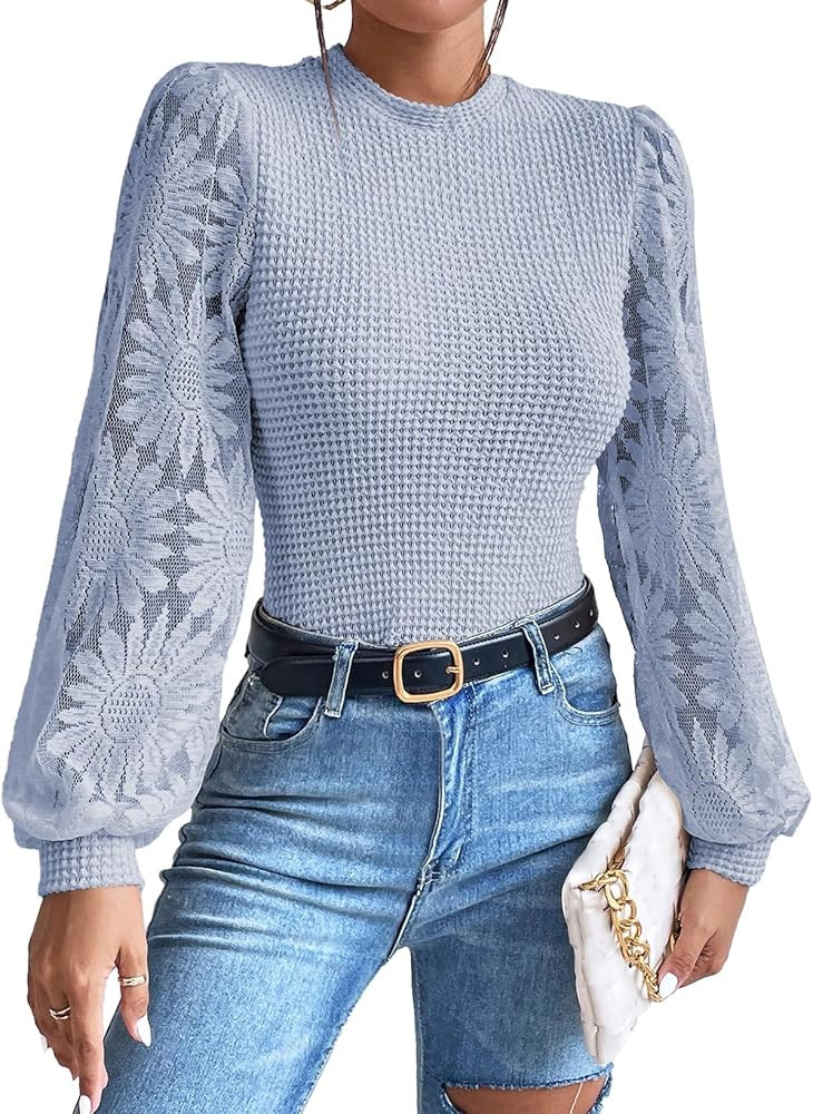 BLENCOT Womens Casual Crochet Top Mesh Lace Long Sleeve Shirts Waffle Knit Blouse Crewneck Shirt ... | Amazon (US)