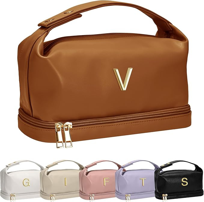 Trendy Gifts for Women, Personalized Makeup Bag with Handle, Initial Double Layer Cosmetic Bag wi... | Amazon (US)