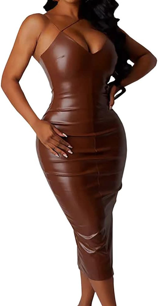 Women's Sexy Spaghetti Straps Leather Dress Skinny Backless Split Party Cocktail Club Night Midi ... | Amazon (US)