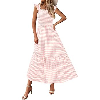 PRETTYGARDEN Womens Summer Dress Casual Square Neck Ruffle Strap Gingham Smocked Midi Flowy A Lin... | Amazon (US)
