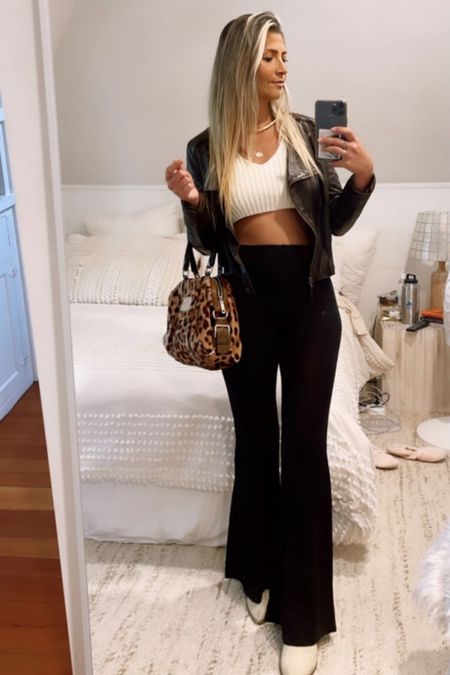 Elegant look. Sophisticated style. Inspiration outfit. Neutral top. Crop top. Black jacket. Print leopard bag. Flare pants. Black pants. White shoes. #fashioninspiration #stylingideas
#blackflarepants
#widelegpants #croptop #leopardprint #leopardprintbag #casualchic #leatherjacket #blackleatherjacket #dinnerlook 

#LTKStyletip #LTKFashion #LTKFit

#LTKtravel #LTKfit #LTKstyletip