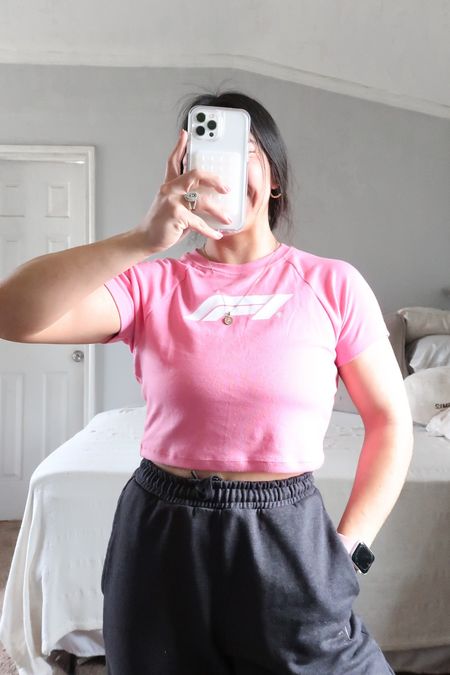 Formula 1 x PacSun pink crop top
Gymshark oversized sweatpantss