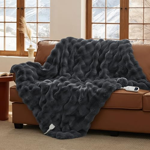 Bedsure Fluffy Bubble Faux Fur Heated Blanket Throw - Super Soft Electric Blanket, Heating with 6 Heating Levels, 4 Time Settings, 3-Hour Auto-Off, Decor Gifts for Home, Grey, 50x60 inches | Amazon (US)