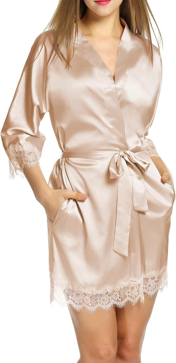 HOTOUCH Silk Robes for Women Short Lace Trim Satin Bride Robe 3/4 Sleeve Sexy Kimono Robe Sleepwe... | Amazon (US)