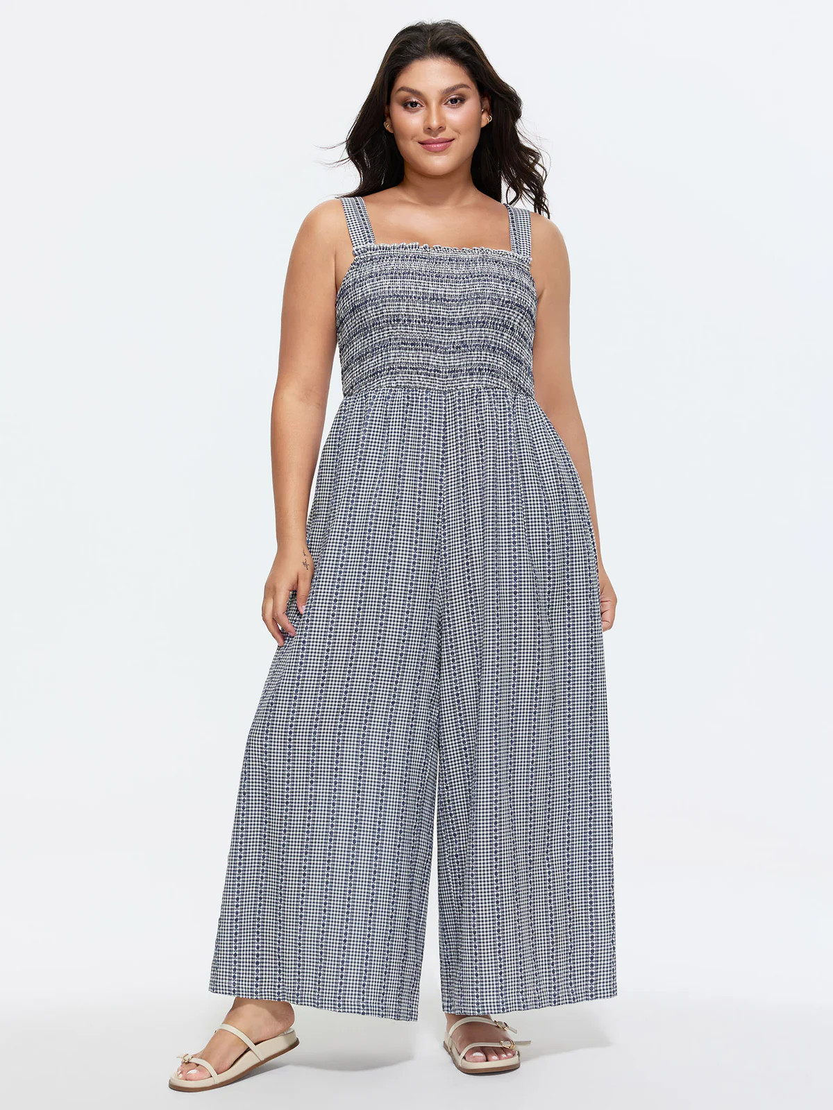 Striped Print Shirred Wide-Straps Jumpsuit | Bloomchic