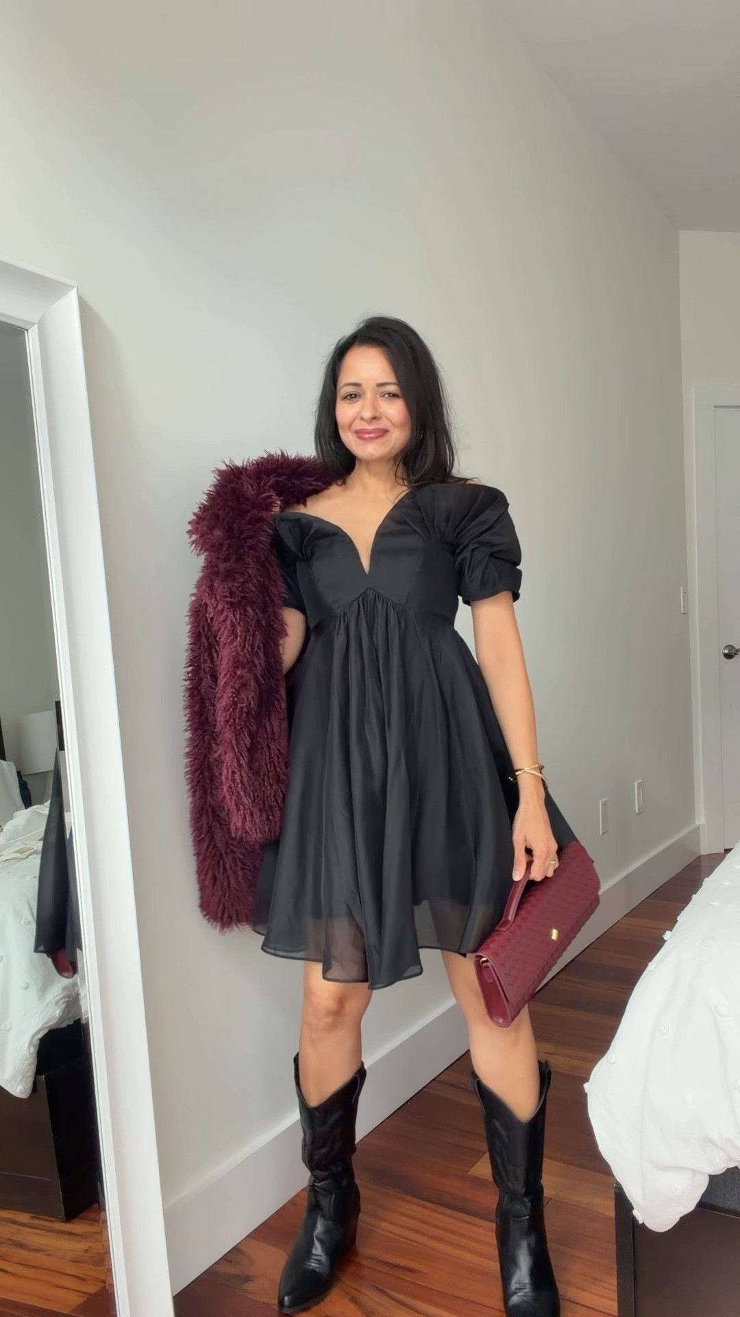 Black dress 
Cowboy boots 
Burgundy coat 
Burgundy purse 
Fall boots 
Burgundy bag 
Fall outfit 
Fall ootd 
Holiday outfit 

#LTKFindsUnder50 #LTKPetite #LTKHoliday