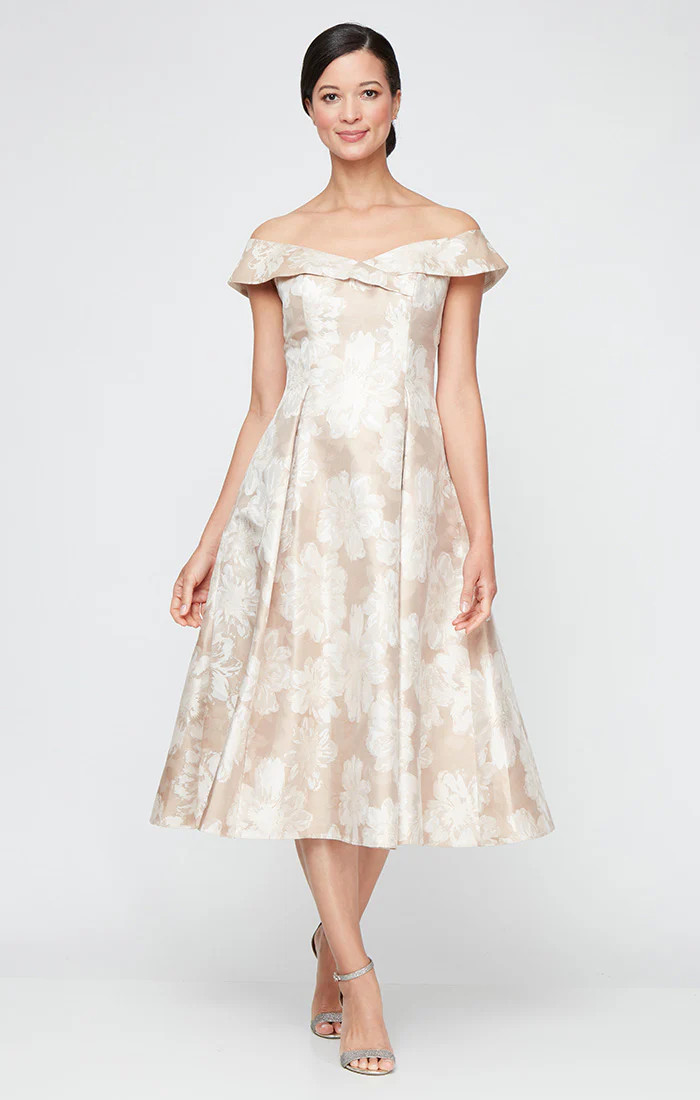 Midi Printed Jacquard Off the Shoulder Dress with Full Skirt | Alex Evenings