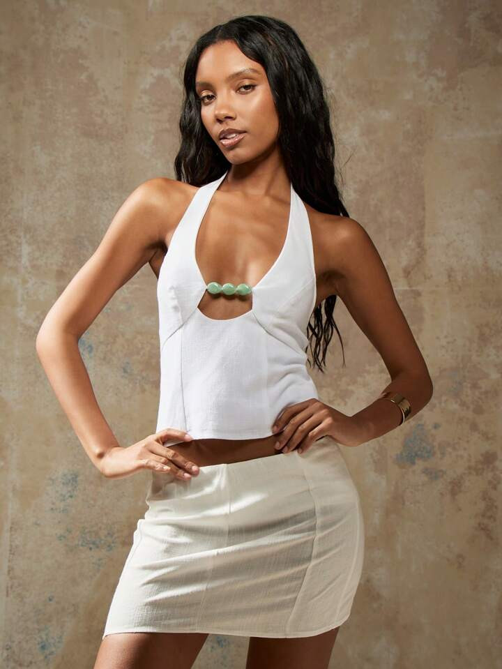 MISSGUIDED Bead Detail Linen Halter Neck Top | SHEIN