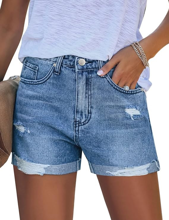 LookbookStore Women's High Waisted Rolled Hem Distressed Jeans Ripped Denim Shorts | Amazon (US)