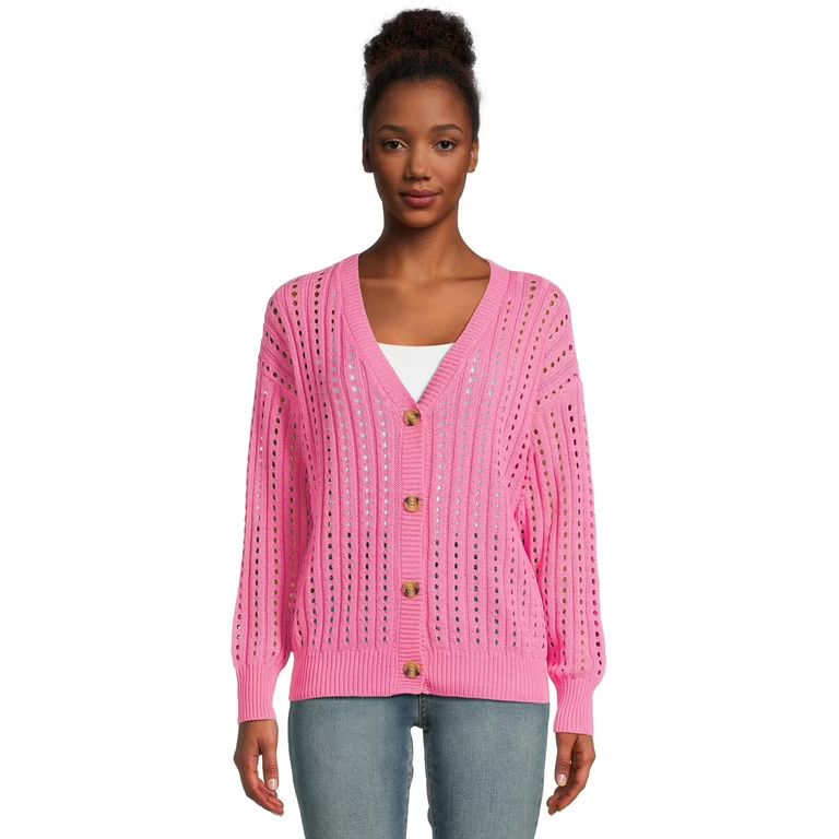 Time and Tru Women's Pointelle Boyfriend Cardigan - Walmart.com | Walmart (US)