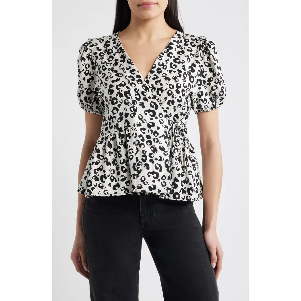 Loveappella Animal Print Wrap Top in Beige/Black at Nordstrom, Size Large | Nordstrom