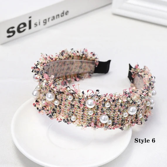 Pearls Headbands for women,Various colors tweed headband with pearls,wide fashion hairband,Boho H... | Etsy (US)