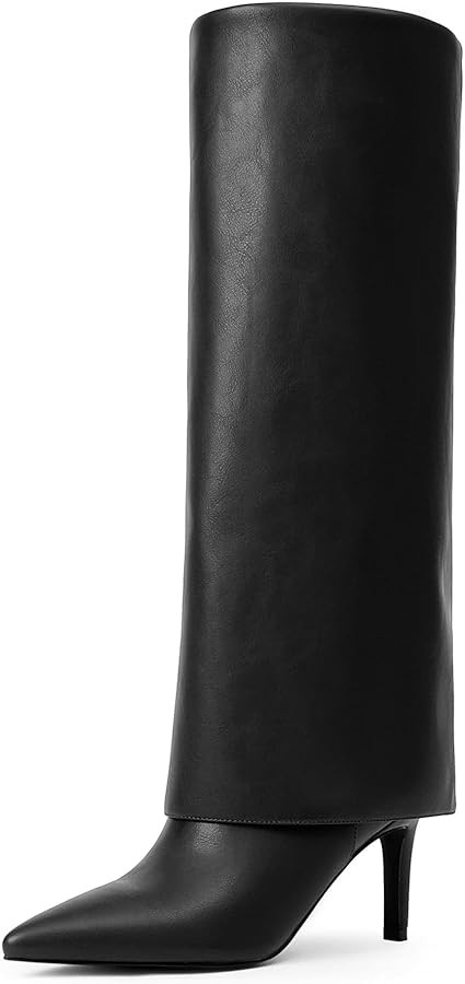 Knee High Boots Women Fold Over Boots Pointed Toe Stiletto Heel Long Shark Tall Boots with Zipper | Amazon (US)