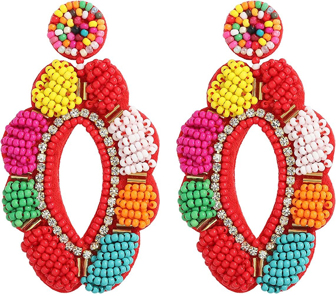 LITRENDY Beaded Earrings Handmade Multicolored Seed Bead Summer Bohemian Tassel Dangle Earrings Crea | Amazon (US)