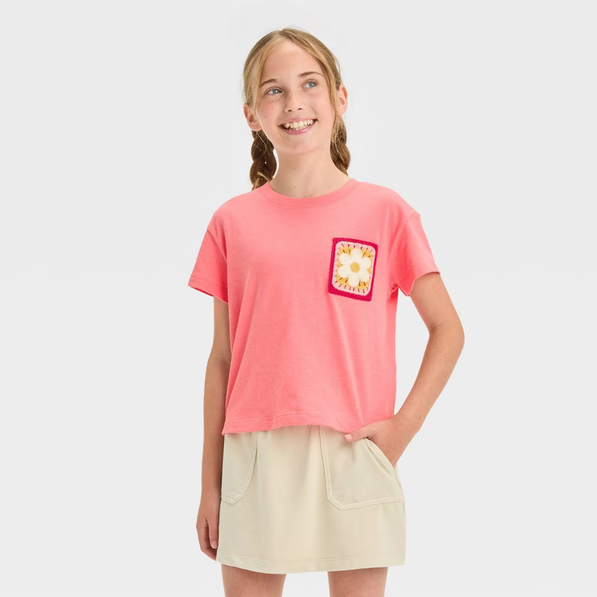 Girls' Short Sleeve Flower Pocket Boxy T-Shirt - Cat & Jack™ Bright Pink | Target