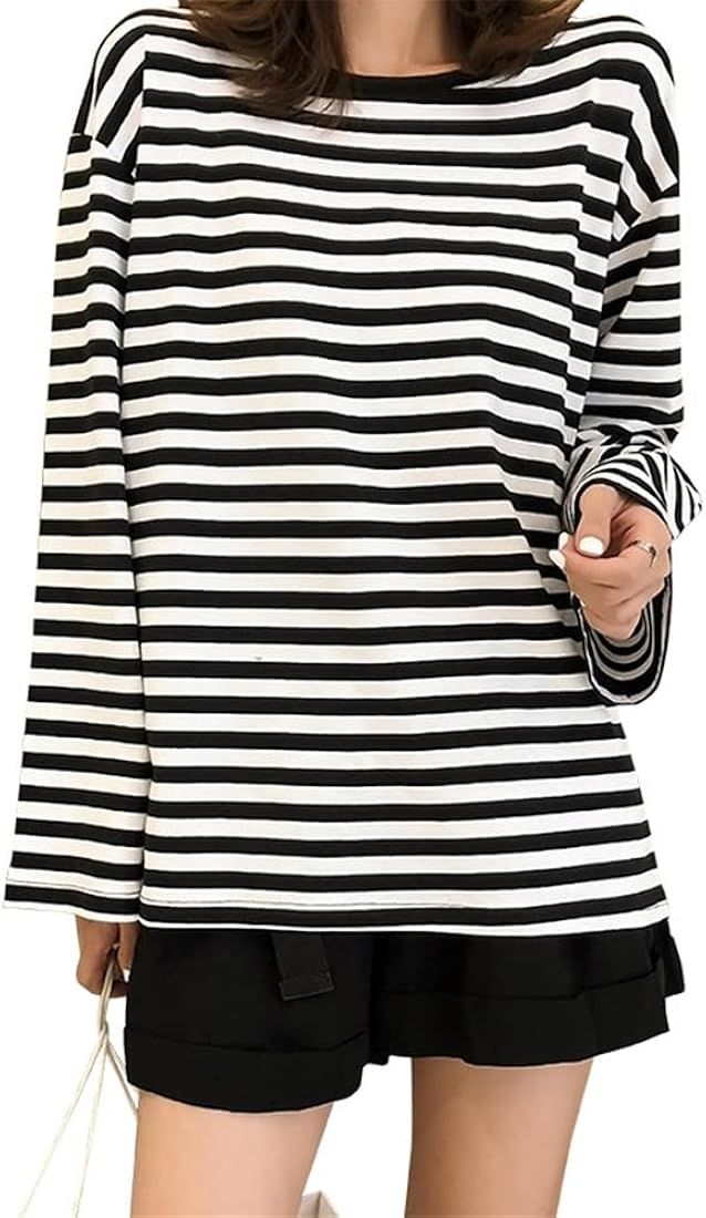 Womens Harajuku Long Sleeve Oversized T Shirts for Women Casual Loose Crewneck Color Block Stripe... | Amazon (US)