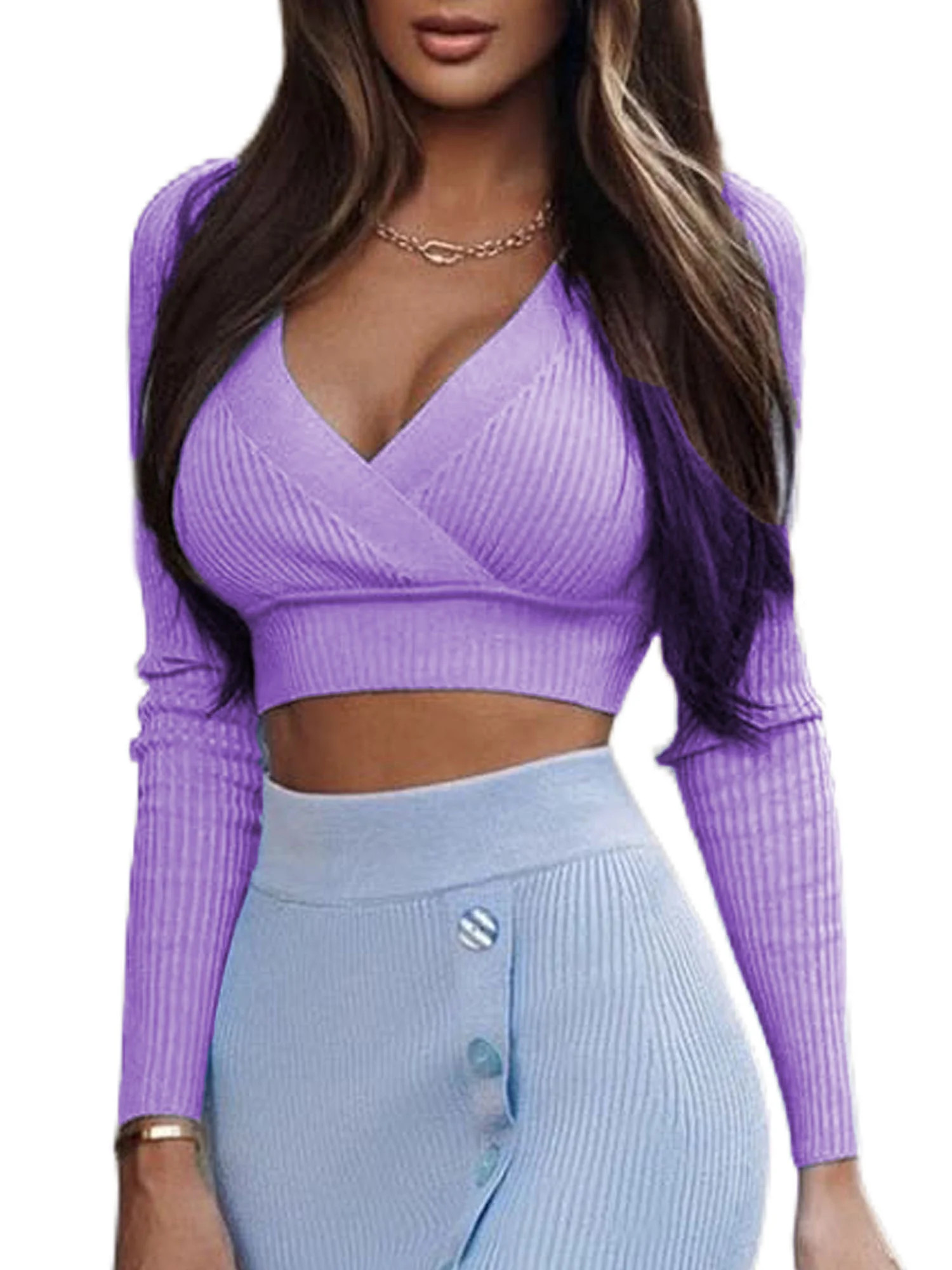 Liangchengmei Women's Wrap V Neck Long Sleeve Pullover Sweater Knit Ribbed Crop Tops | Walmart (US)