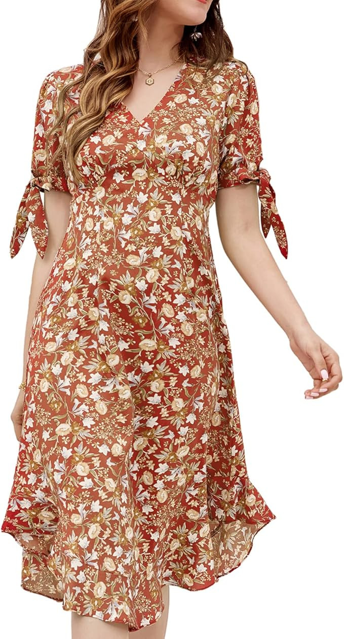 GRACE KARIN Women Floral Print Tunic Dresses Tie Sleeve V-Neck Flowy Hem Dress | Amazon (US)