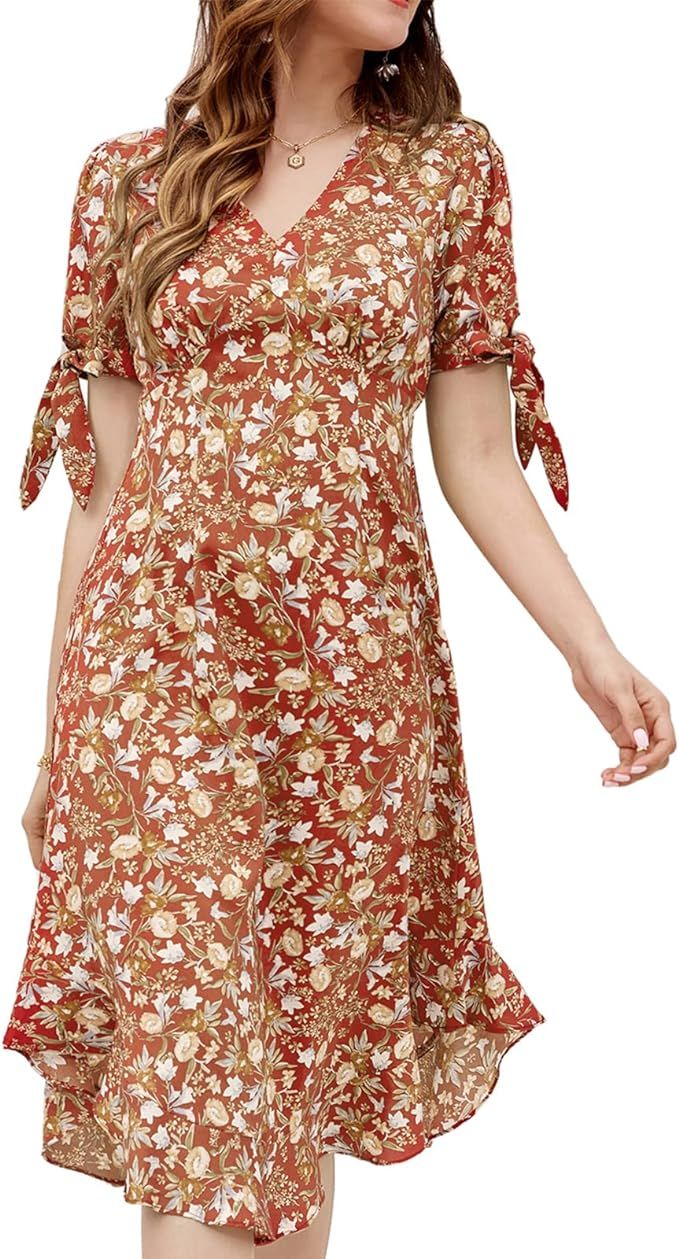 GRACE KARIN Women Floral Print Tunic Dresses Tie Sleeve V-Neck Flowy Hem Dress | Amazon (US)