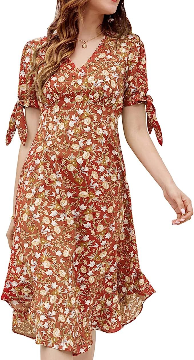 GRACE KARIN Women Floral Print Tunic Dresses Tie Sleeve V-Neck Flowy Hem Dress | Amazon (US)