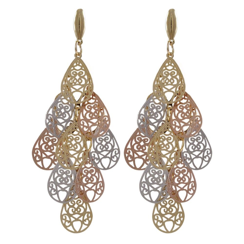 Luxiro Tri-color Gold Finish Filigree Teardrop Chandelier Dangle Earrings - Silver (Tri Color) | Bed Bath & Beyond