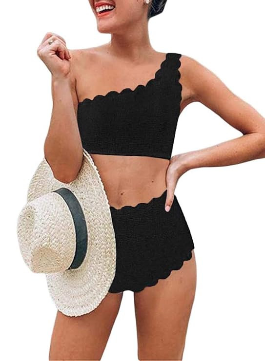 Aleumdr Womens Vintage High Waisted Two Pieces Scalloped Trim One Shoulder Bikini Bathing Suit | Amazon (US)