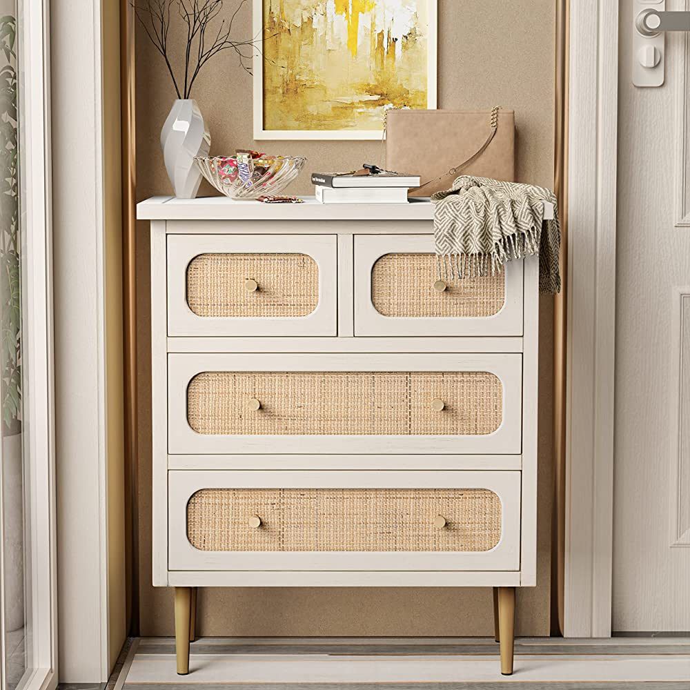 LONYKE Wicker Rattan Chest of Drawers, 4-Drawer Dresser, White Finish Wooden Storage Cabinet, Mod... | Amazon (US)