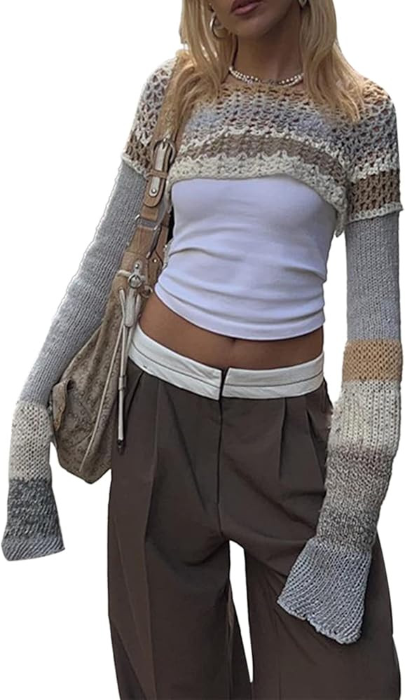 Womens Y2K Knitted Crop Tops Shrugs Patchwork Crochet Hollow Out Long Sleeve Off-Shoulder Loose S... | Amazon (US)