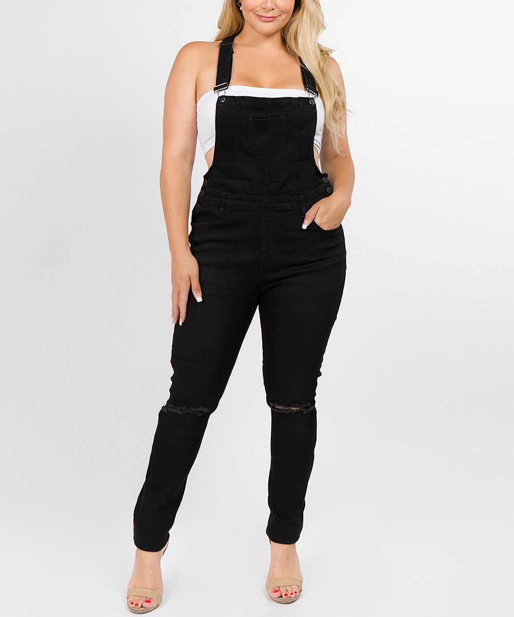 American Bazi Women's Overalls BLACK - Black Knee Slit Denim Overalls | Zulily