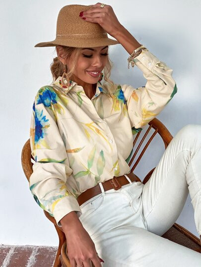 Floral Button Up Curved Hem Blouse | SHEIN