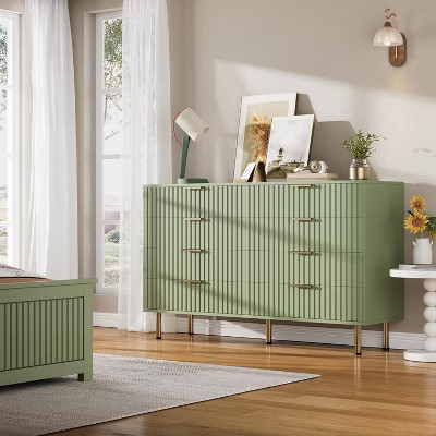 Modern Sideboard with Fluted 8 Deep Drawers & Metal Legs, Wooden Dresser Organizer, Side Table for Bedroom Living Room Hallway Kids Room, Green | Target