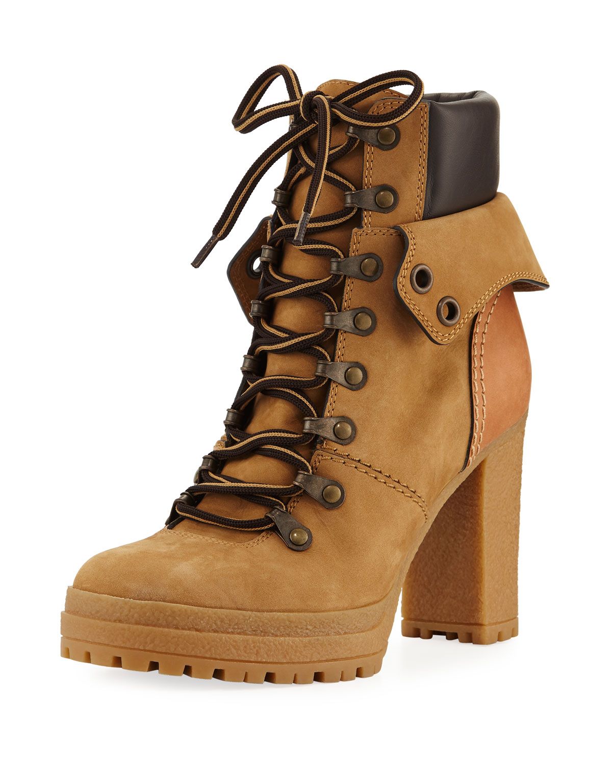 Lace-up Mixed High Leather Boots, Beige | Bergdorf Goodman
